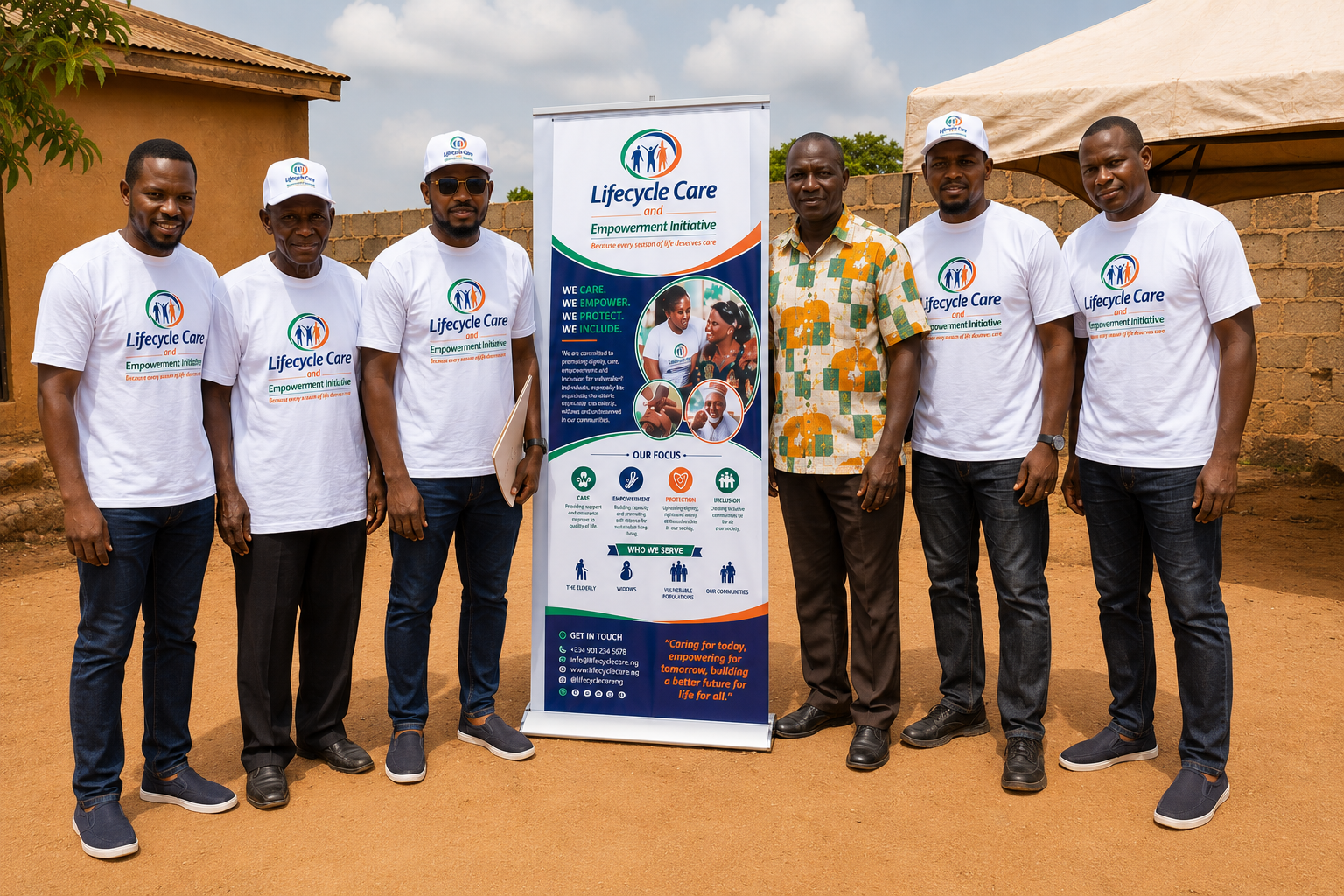 Lifecycle Care team standing with roll-up banner during field introduction