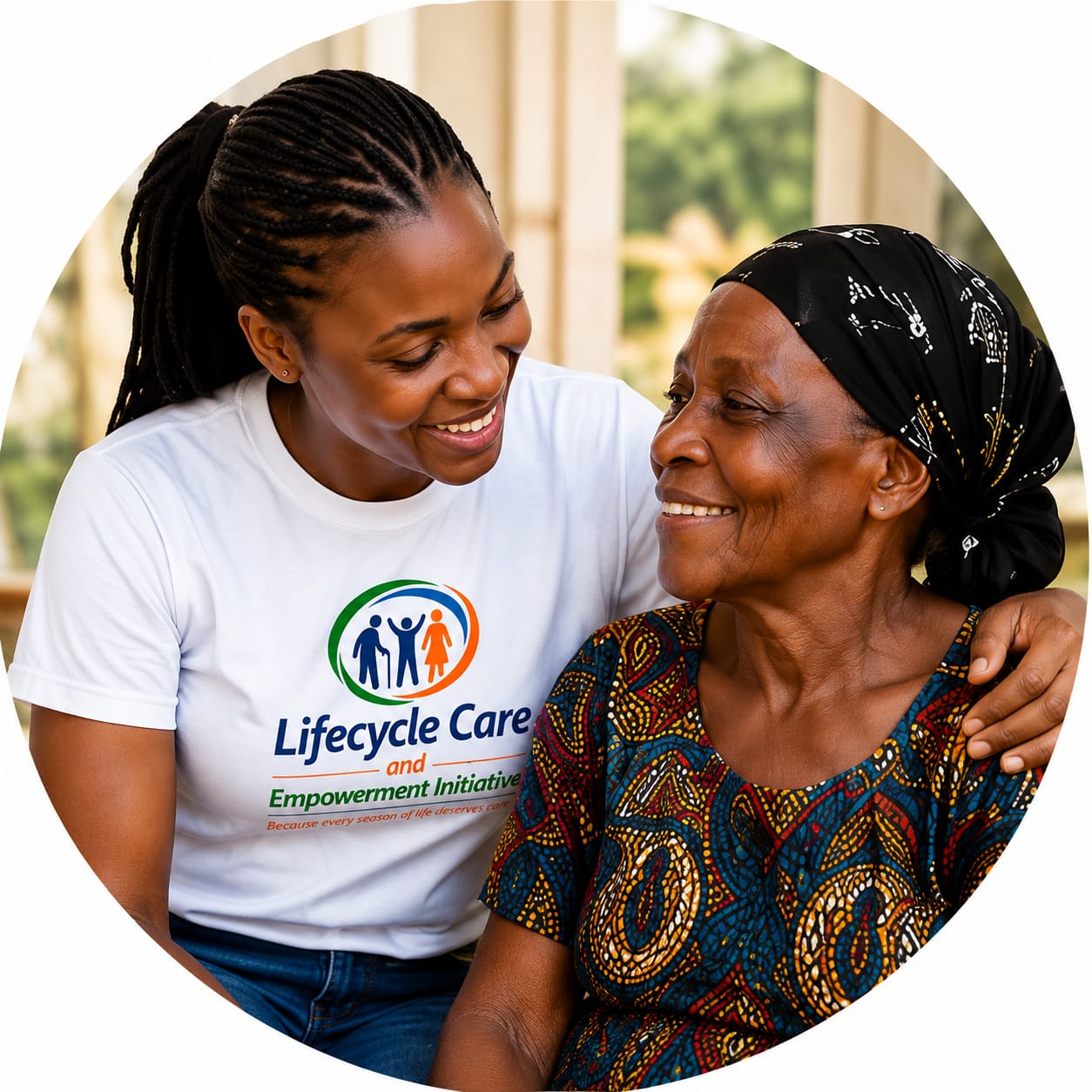 Lifecycle Care volunteer smiling with an elderly woman